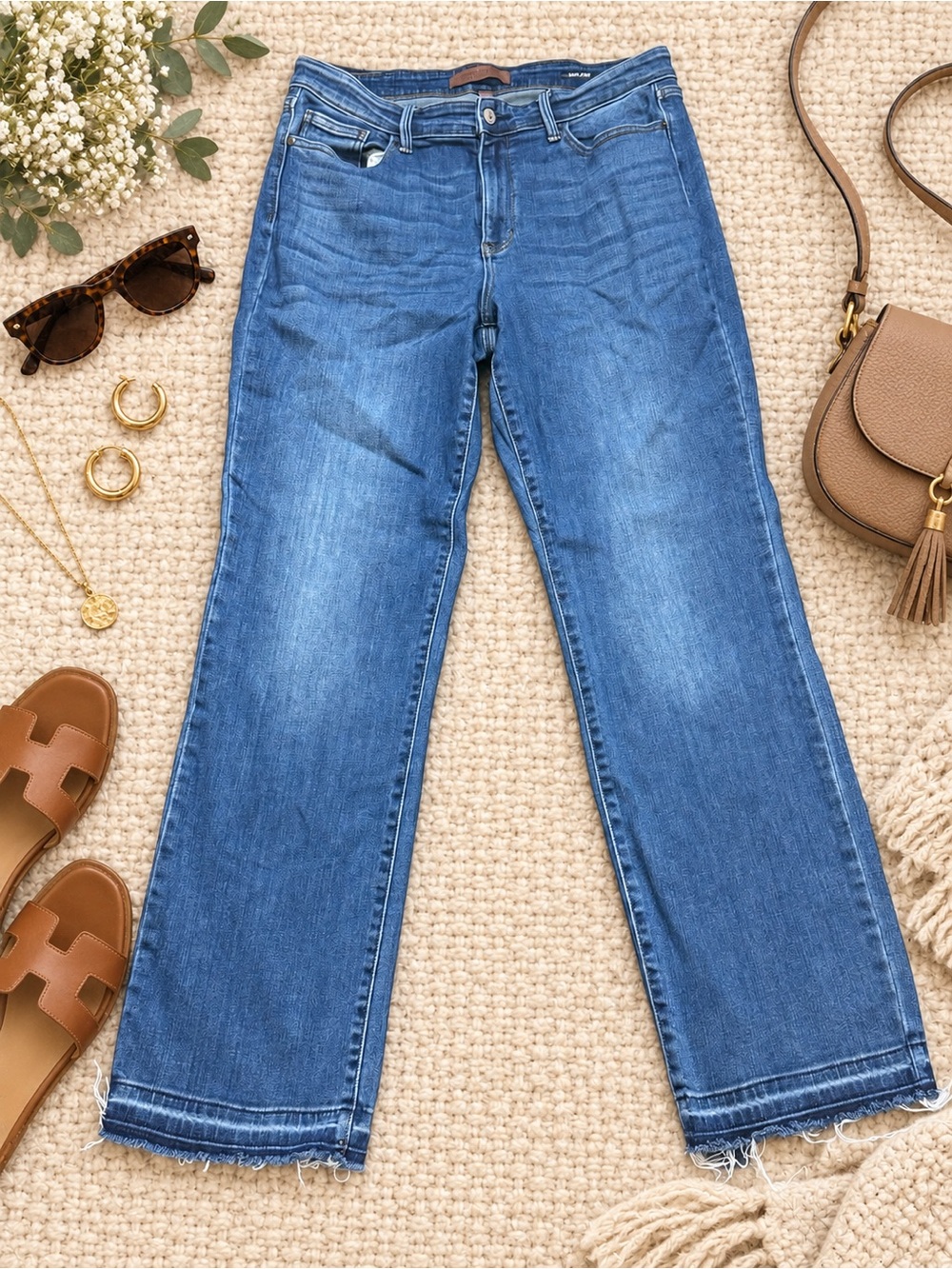 Judy Blue Straight Leg Dad Jeans Women’s Size 13 Medium Wash Raw Hem Stretch Den